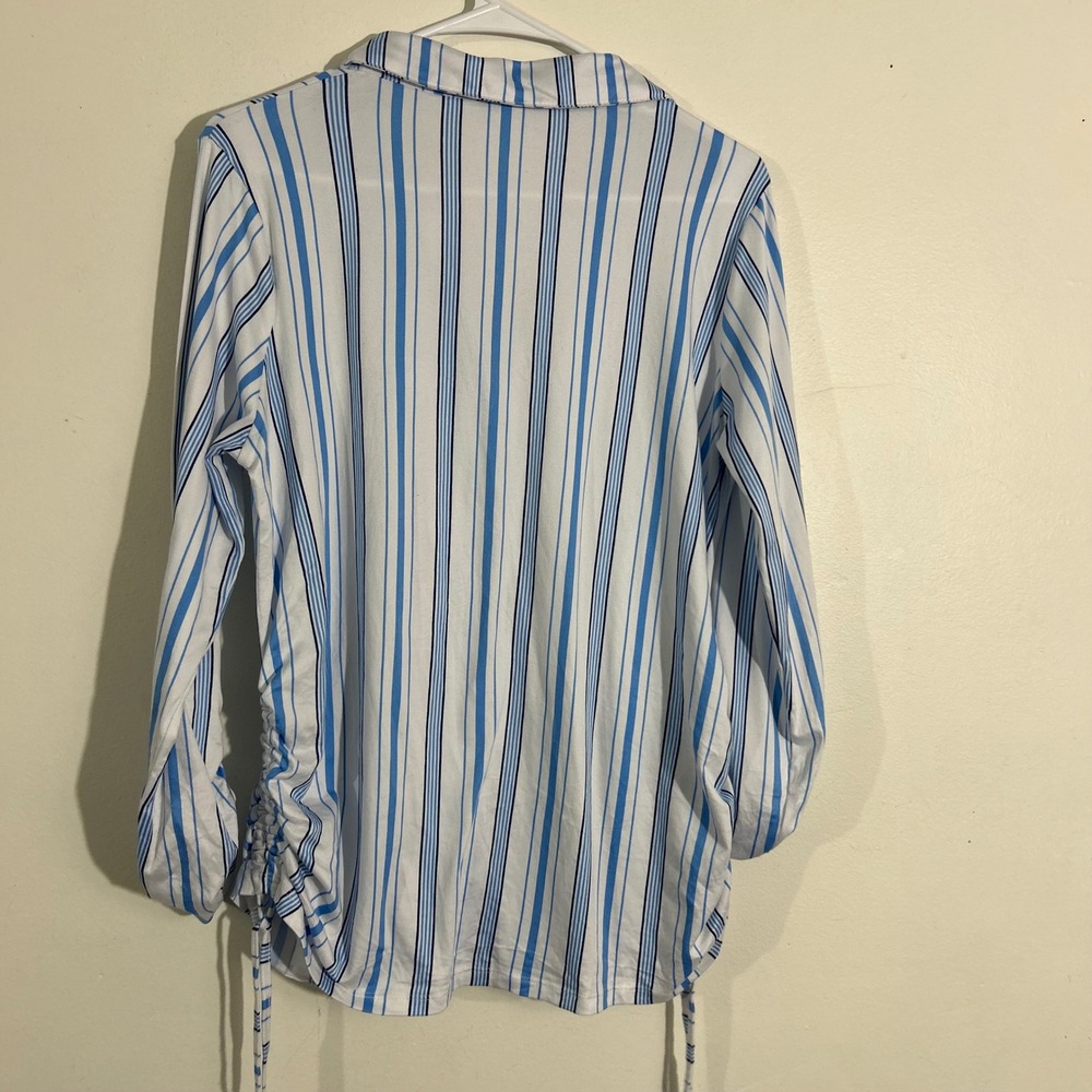 Striped Button Down Shirt Blue White Long Sleeve Drawstring Casual Womens - Picture 9 of 9